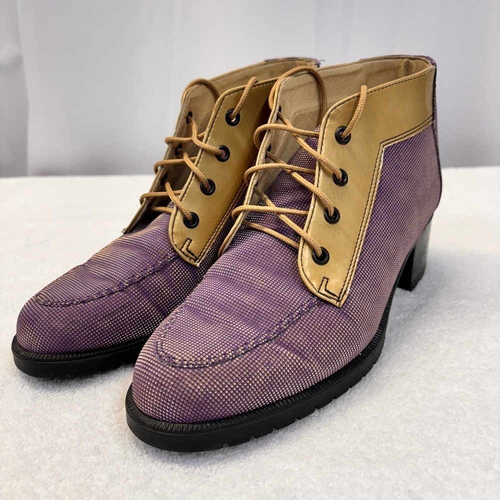 Nicole St. Louis Handcrafted Purple & Tan Two-Tone Lace-Up Booties - Picture 8 of 15